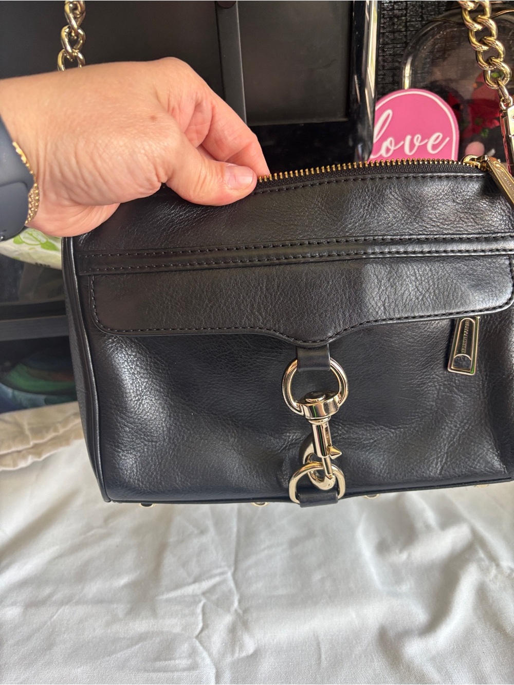 Rebecca Minkoff Black Leather Shoulder Bag with Gold Chain - Picture 7 of 11